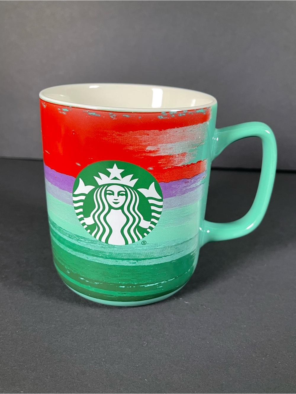 Starbucks Colorful Striped Ceramic Coffee Mug Teal Handle Red Green Purple Logo